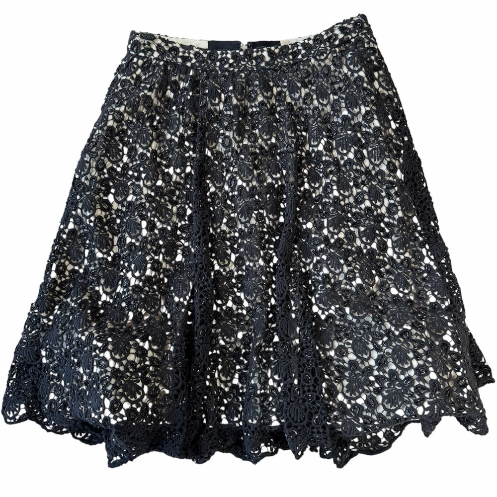✅ Alice + Olivia Black Lace A-Line skirt with beads embroidery and tan lining 6